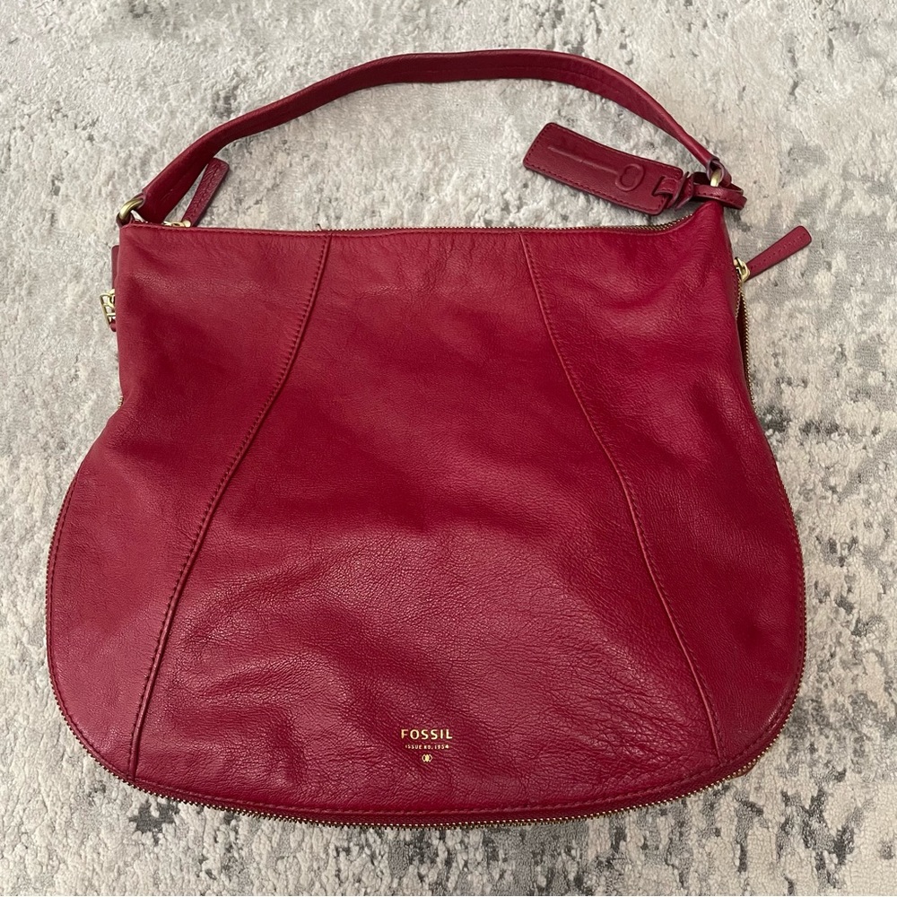 Fossil Dark Red Pebble Leather Shoulder Bag